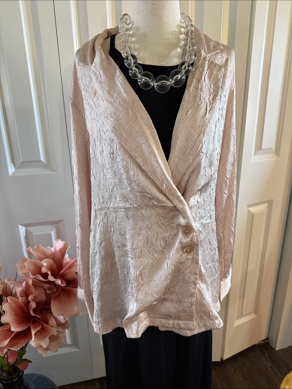 Zara Pink Crinkle Satin Textured Double Button Wrap Blazer Jacket Blazer